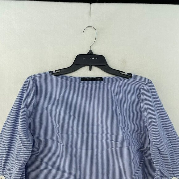 Zara Blouse Women's Sz XS Blue Striped Boat Neck Embroidered Bell 3/4 Sleeve - Picture 6 of 12
